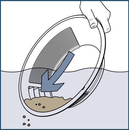 Слегка наклоните лоток в воде и позвольте верхнему мутному слою стечь.